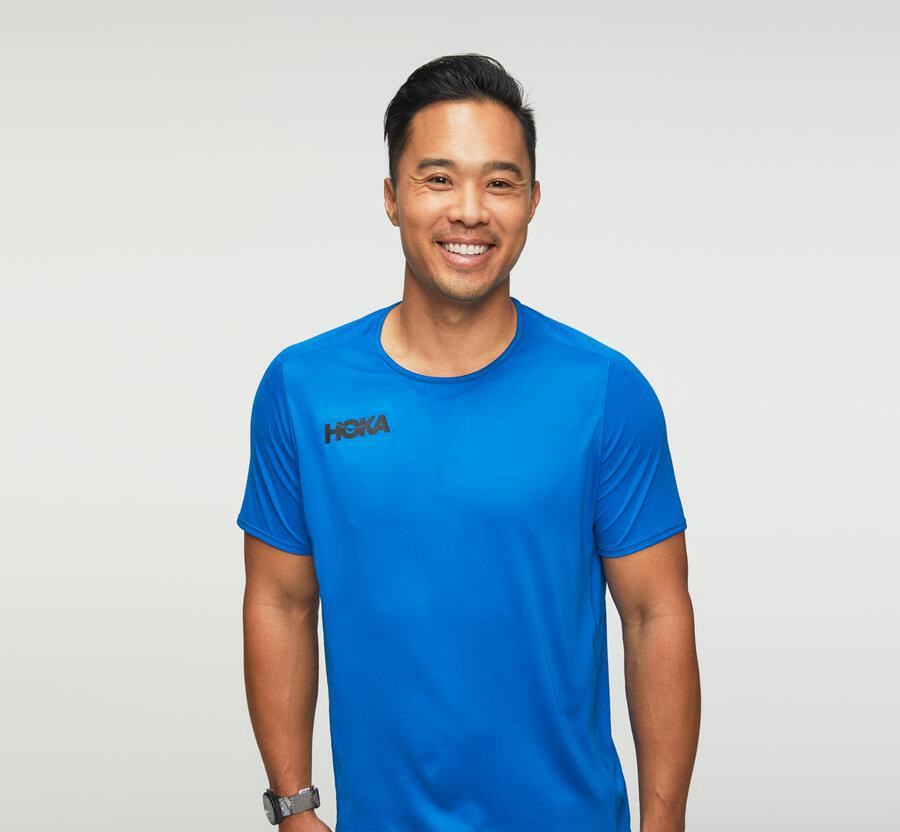 Hoka One One Top Erkek Mavi - Performance Short Sleeve - JV0536781